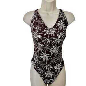 Faherty Kauai Brown Tropical Palm Print One Piece Halter Swimsuit Coastal Resort